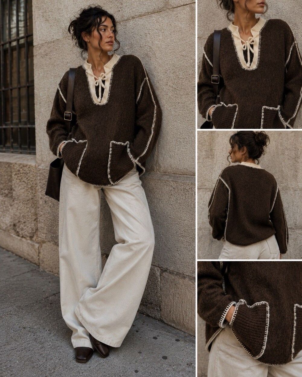 Vintage Samband of Iceland Wool Sweater Brown Cream Whipstitch Tunic Pockets M